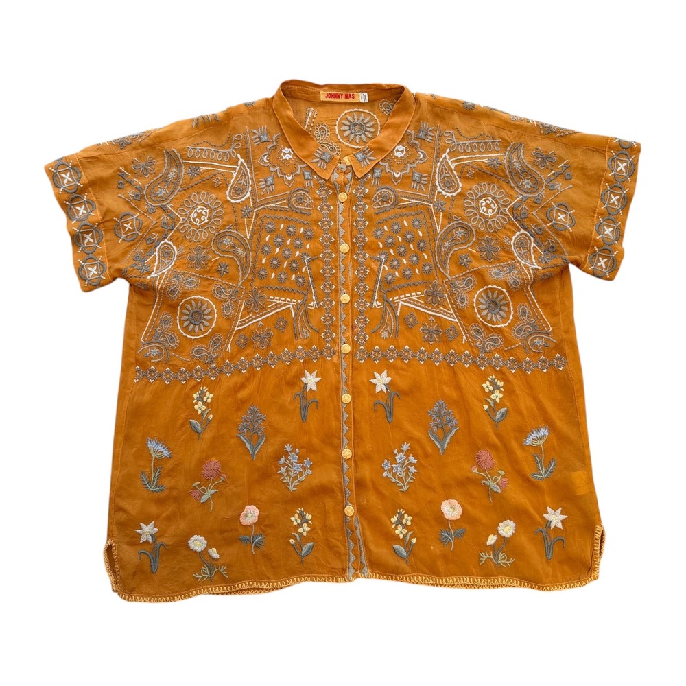 Johnny Was Womens Embroidered Boho Blouse Mustard Orange Silk Top Size Medium